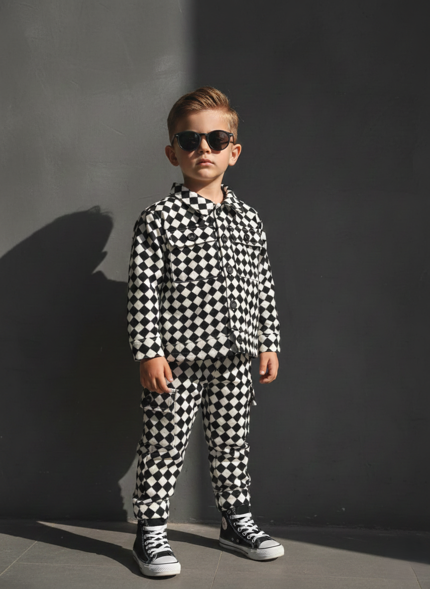 Corduroy Co-ord set for boys- checkboard  Black cc10