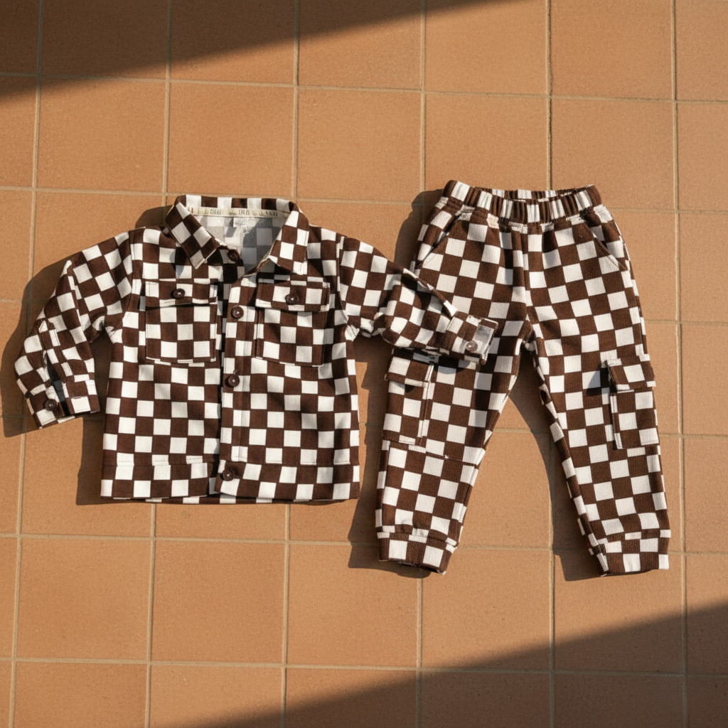 Corduroy Co-ord set for boys- chocolate checkboard cc11