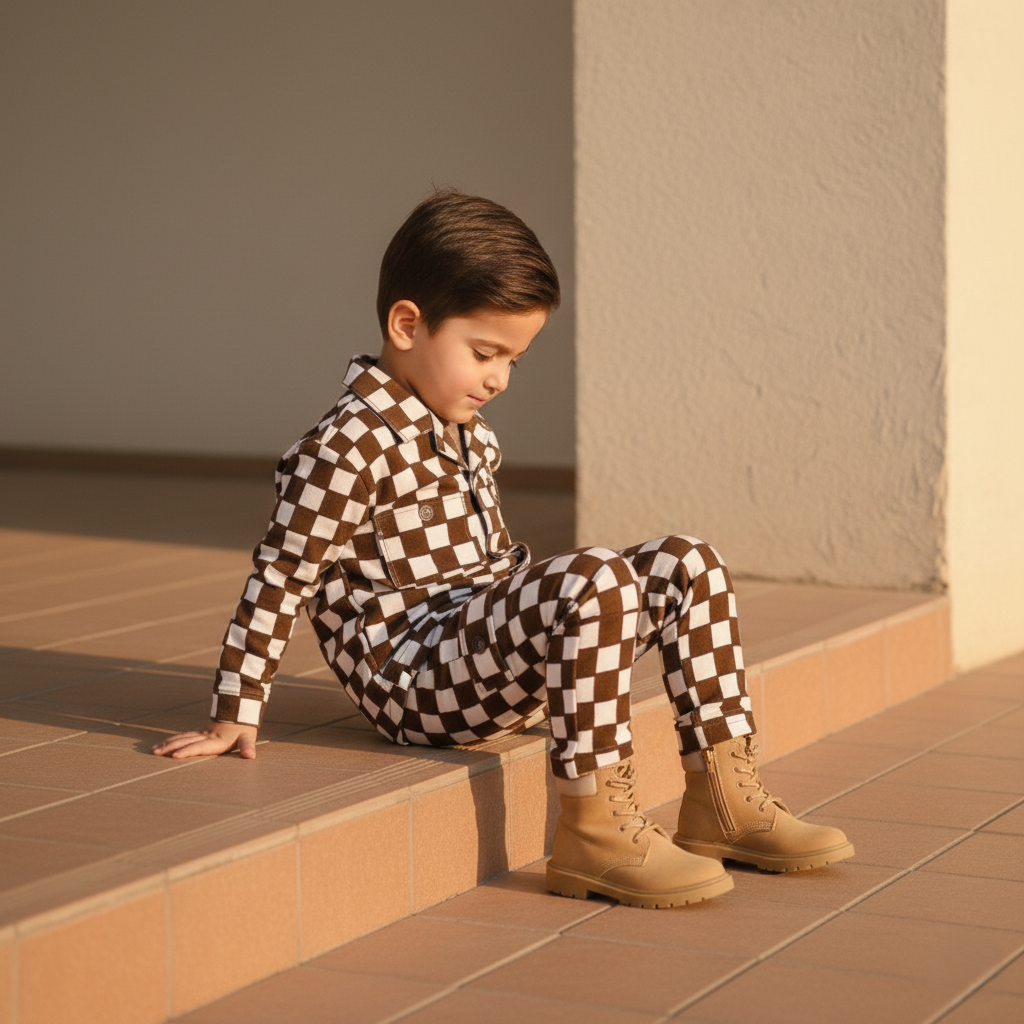 Corduroy Co-ord set for boys- chocolate checkboard cc11