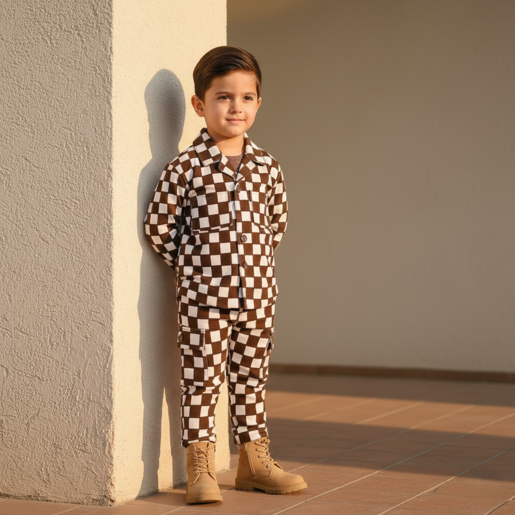 Corduroy Co-ord set for boys- chocolate checkboard cc11