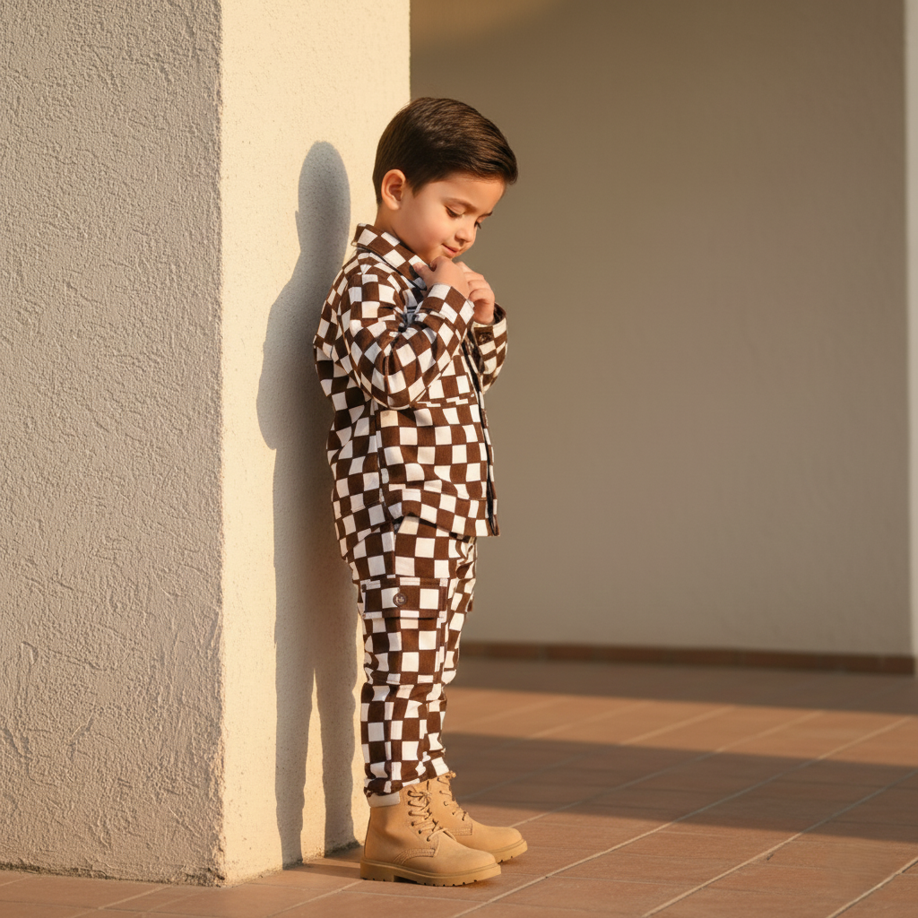Corduroy Co-ord set for boys- chocolate checkboard cc11