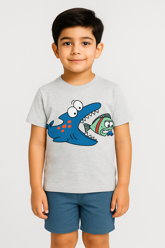 Boys Shark T-Shirt-Grey -TS140