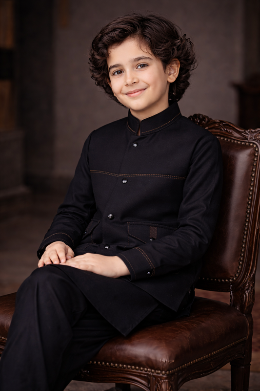 Boys Premium Al karam 3 Piece Waistcoat Suit – Kurta Shalwar/Pajama Set - Art 2600 Black - Maa Sadqay