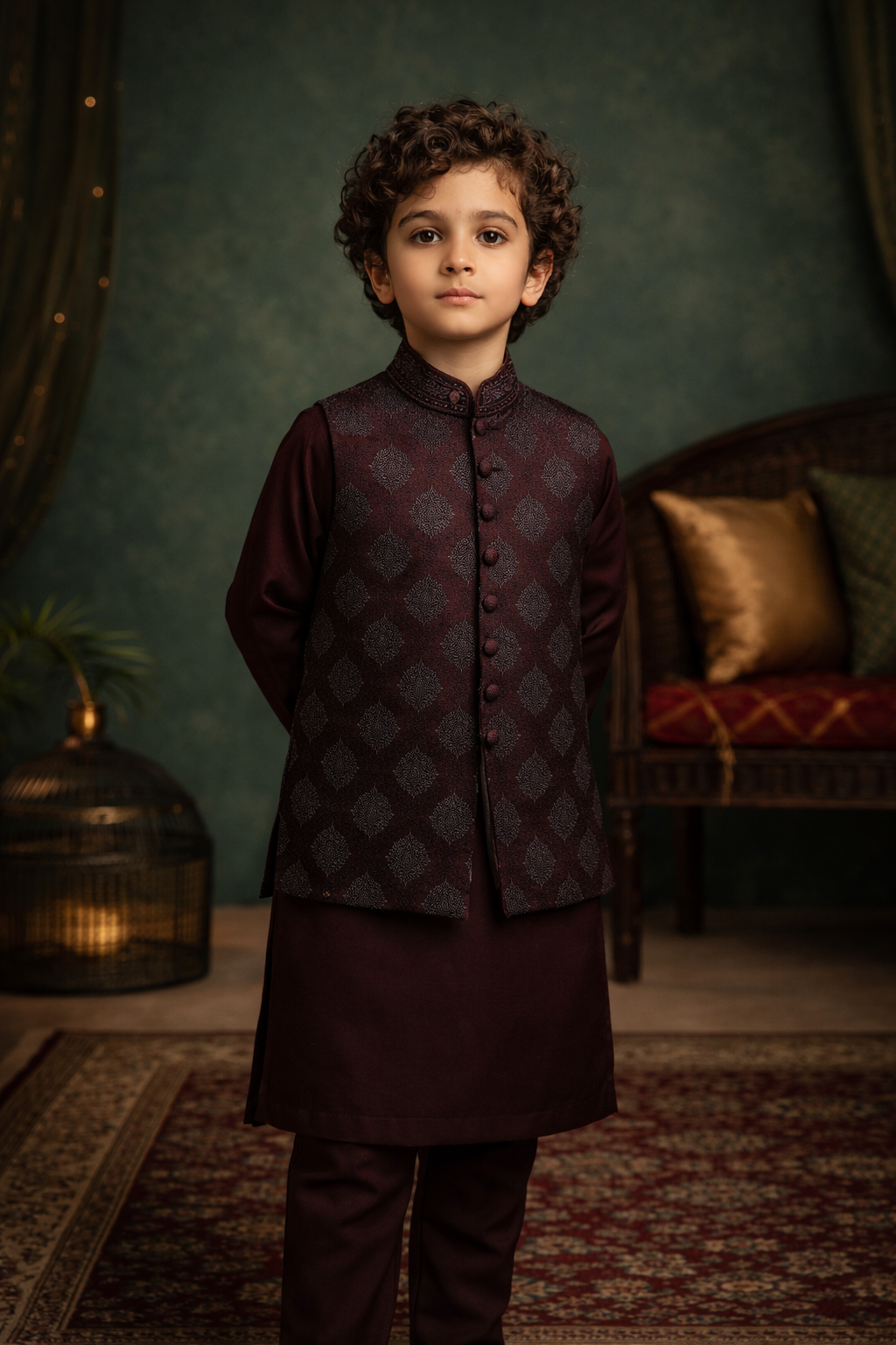 Boys Premium Al karam 3 Piece Waistcoat Suit – Kurta Shalwar/Pajama Set - Art 2518 Maroon - Maa Sadqay