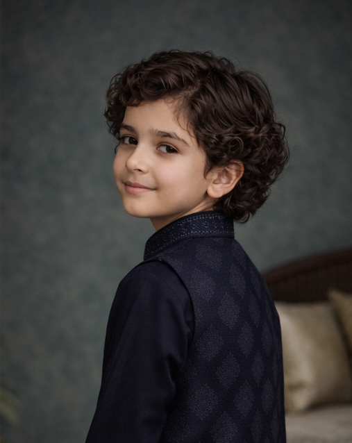 Boys Premium Al karam 3 Piece Waistcoat Suit – Kurta Shalwar/Pajama Set - Art 2518 Navy - Maa Sadqay