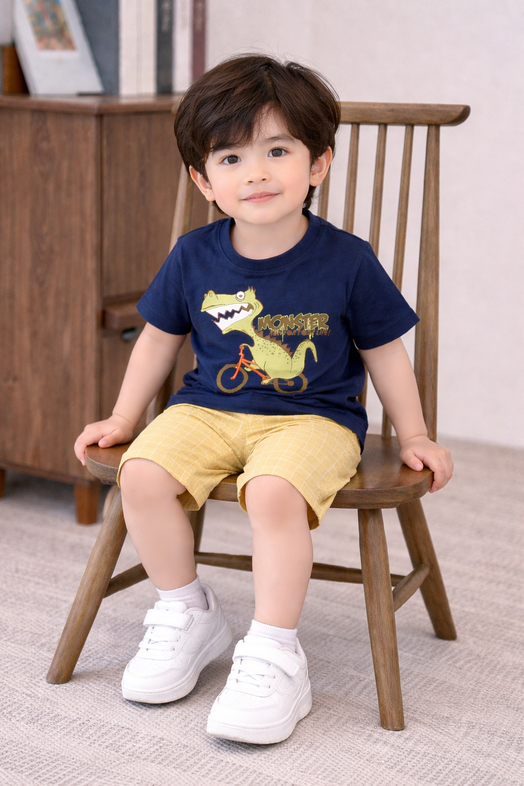 Kids Cotton T-Shirt & Shorts Set |Monster Cycling Dino -Blue -CS1117