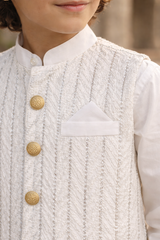 Boys 3 Piece Waistcoat Suit – Kurta Shalwar/Pajama Set - Art 8374 Off White - Maa Sadqay