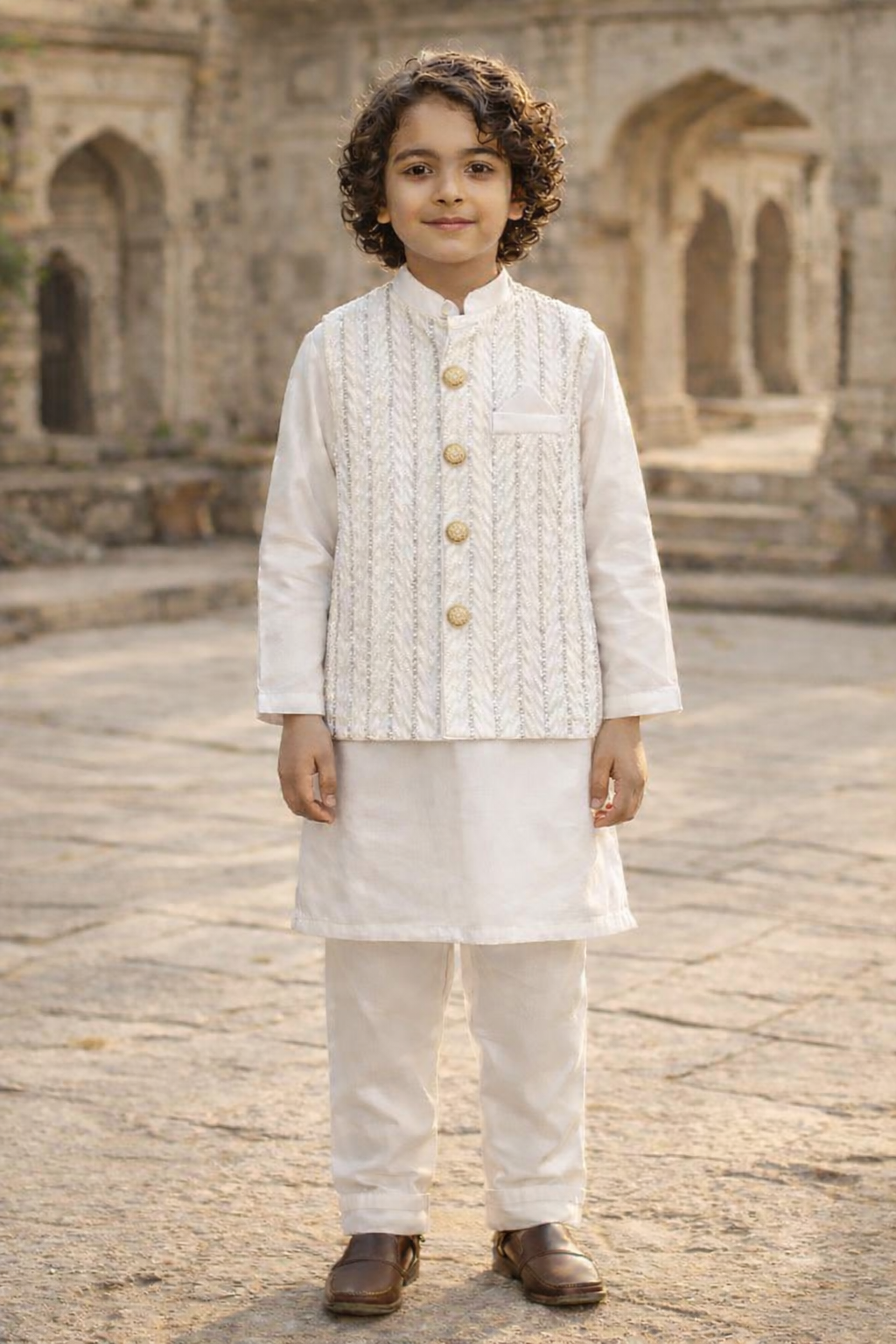 Boys 3 Piece Waistcoat Suit – Kurta Shalwar/Pajama Set - Art 8374 Off White - Maa Sadqay