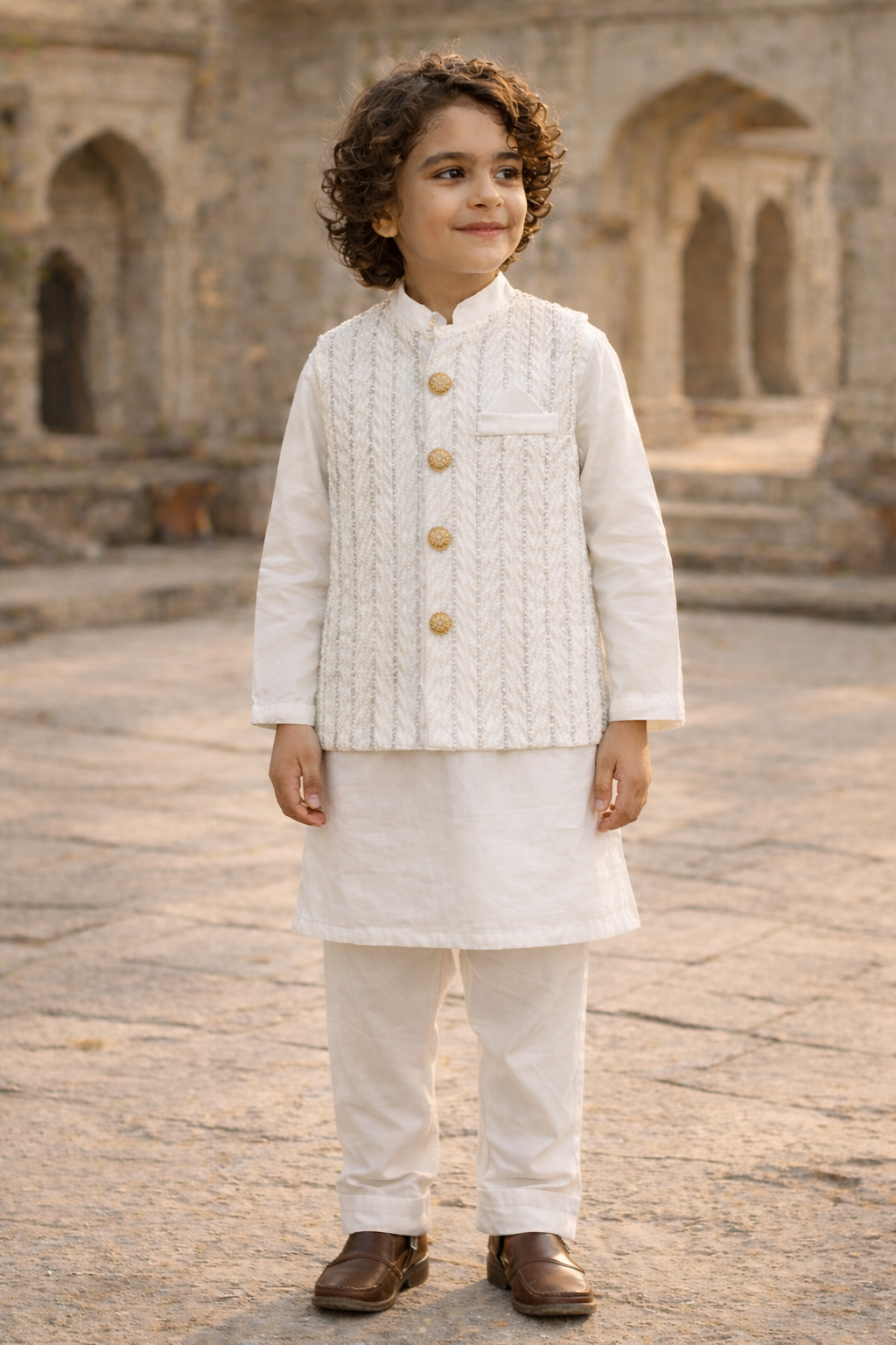 Boys 3 Piece Waistcoat Suit – Kurta Shalwar/Pajama Set - Art 8374 Off White - Maa Sadqay