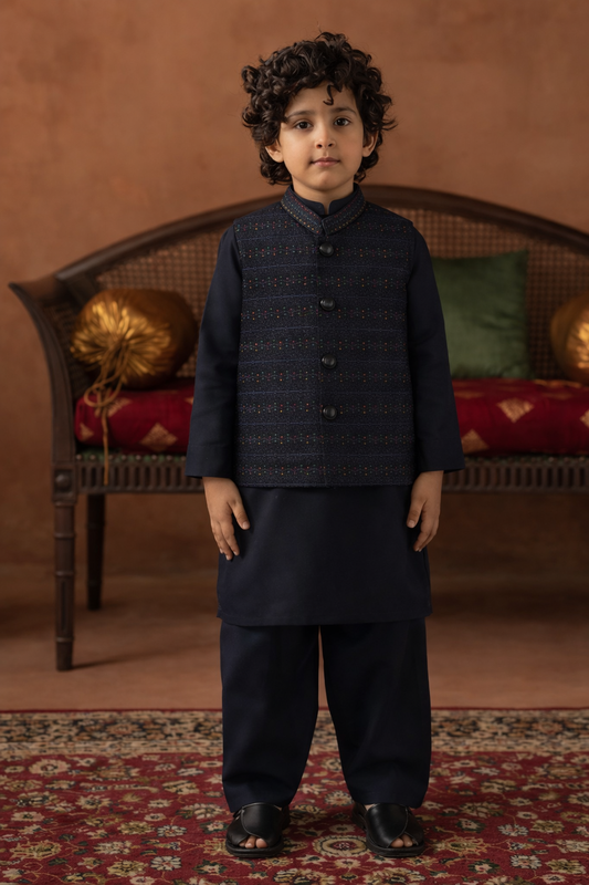 Boys Premium 3 Piece Waistcoat Suit – Kurta Shalwar/Pajama Set - Art 1013 Navy - Maa Sadqay