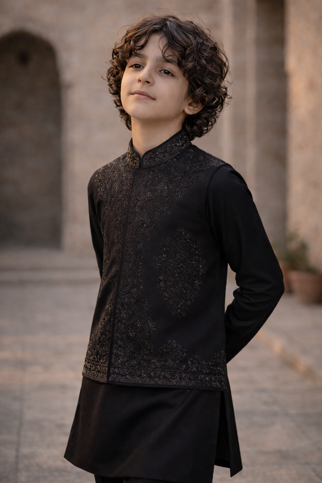 Boys Premium Al karam 3 Piece Waistcoat Suit – Kurta pajama Set - Art 201 Black