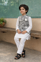 Boys 3 Piece Waistcoat Suit – Kurta Shalwar/Pajama Set - Art BW White