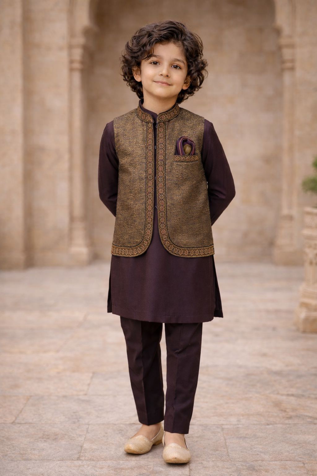 Boys Premium 3 Piece Waistcoat Suit – Kurta pajama Set - Art D177 Plum