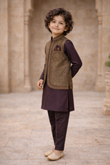 Boys Premium 3 Piece Waistcoat Suit – Kurta pajama Set - Art D177 Plum