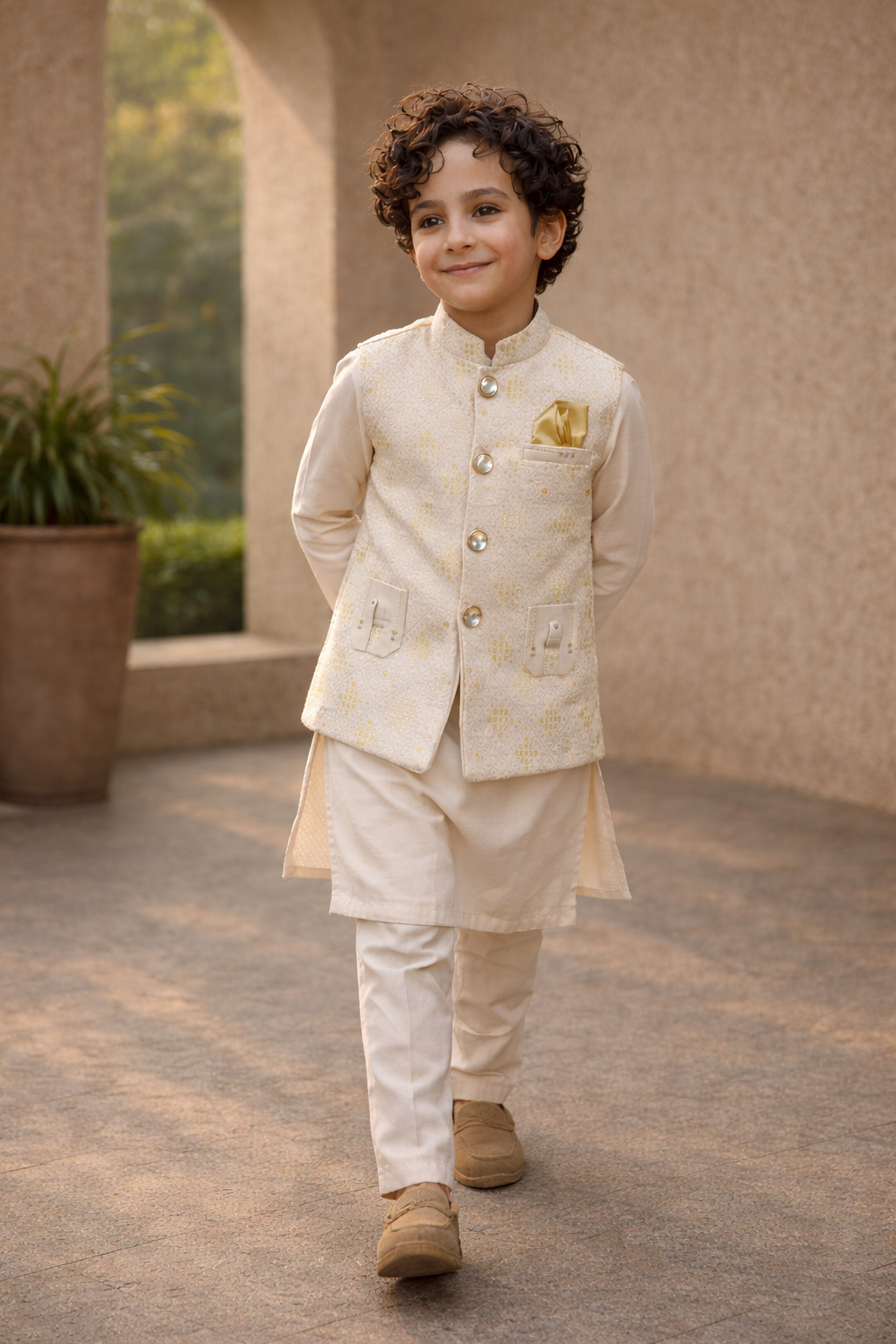 Boys 3 Piece Waistcoat Suit – Kurta Pajama Set - Art D2264 Cream