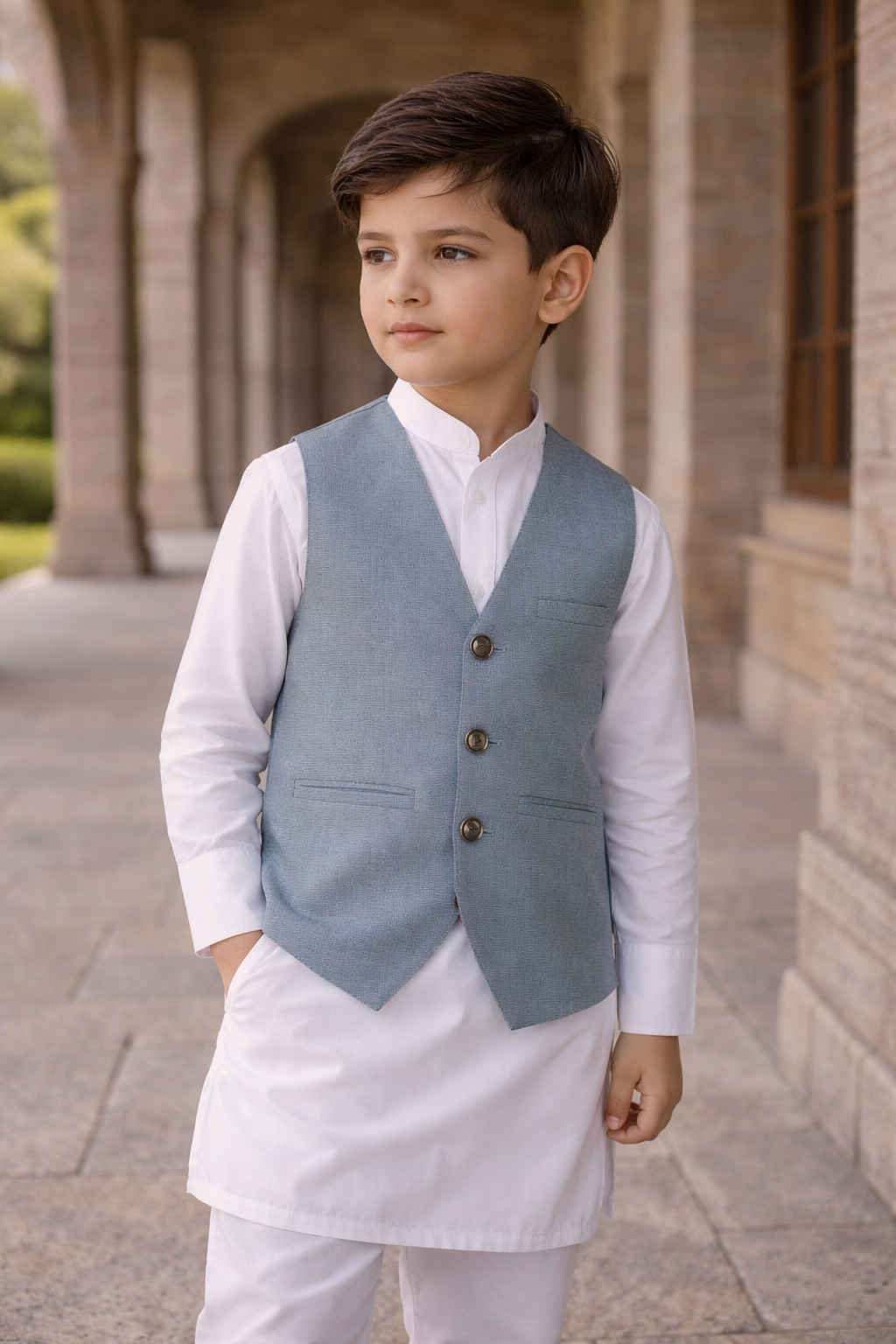Boys Waistcoat V-Neck Royal Soft Blue -WC17 - Maa Sadqay