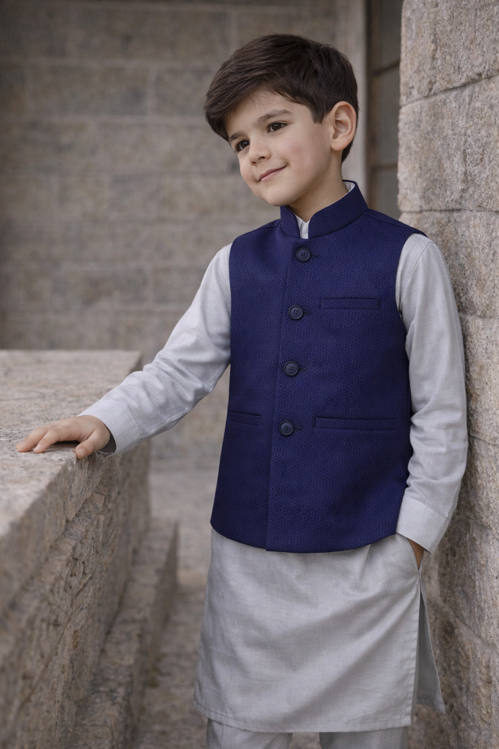 Boys Waistcoat Textured -Navy Blue -WC28