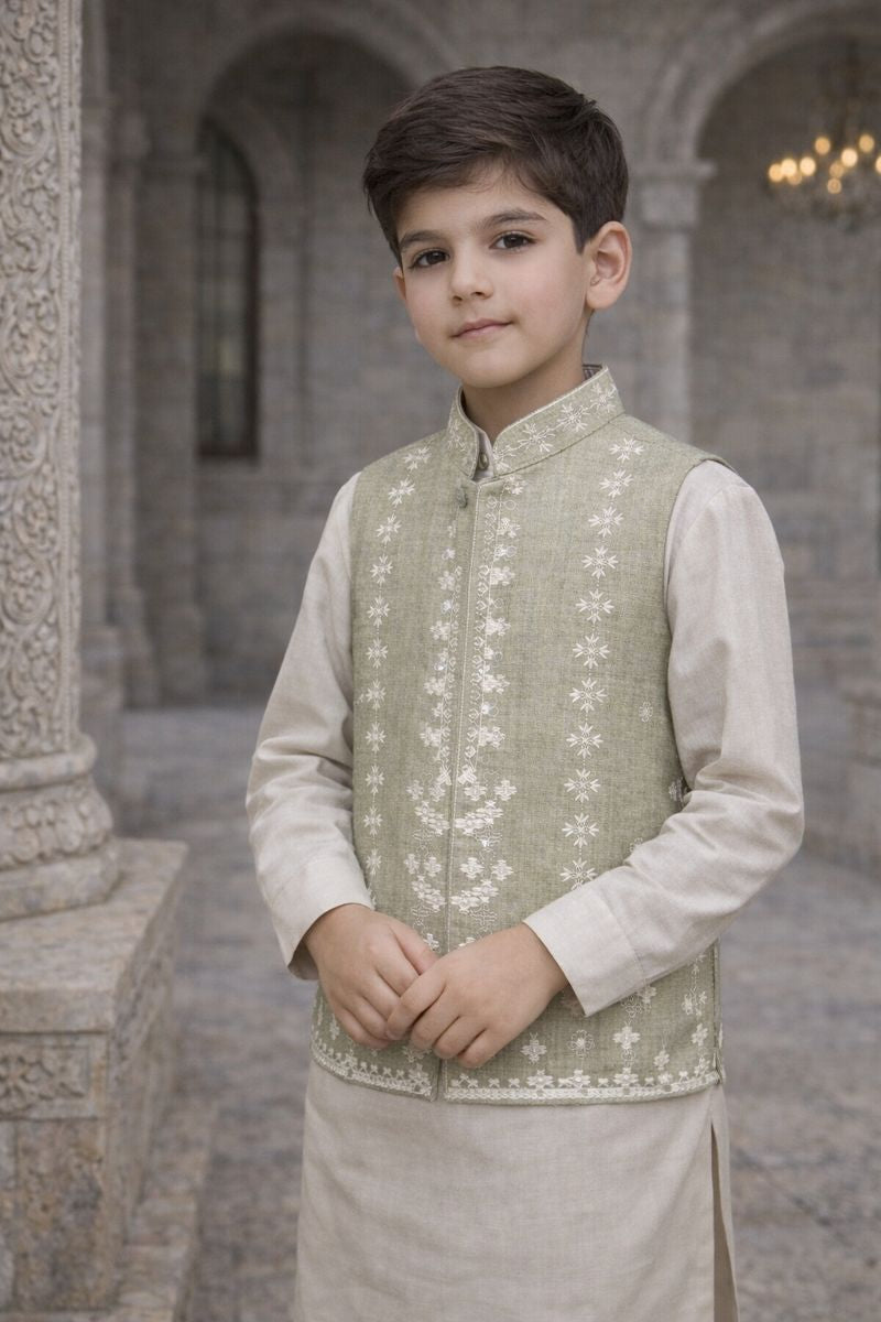 Boys Embroidered Waistcoat Apple Green -WC01 - Maa Sadqay