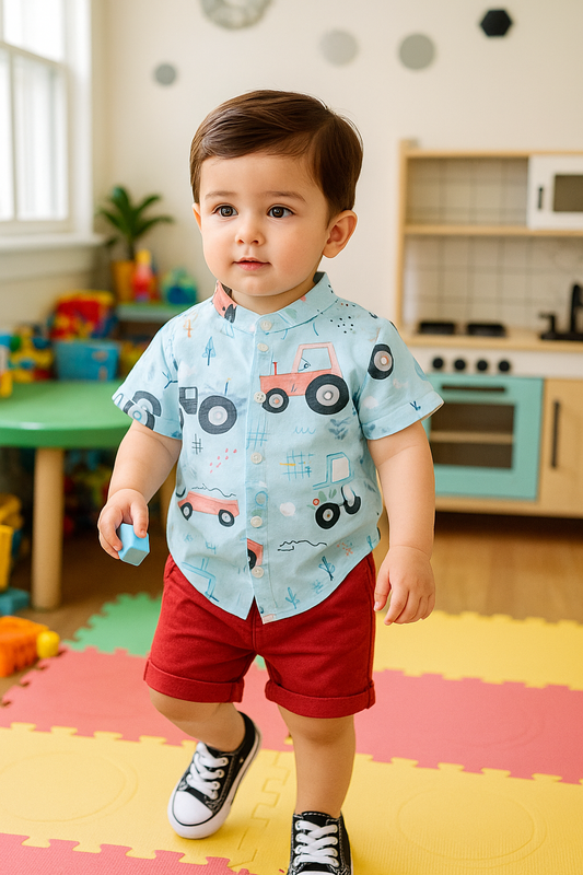 Funky Cotton Shirt with Shorts Set |Big Wheeler -Aqua -FS1001