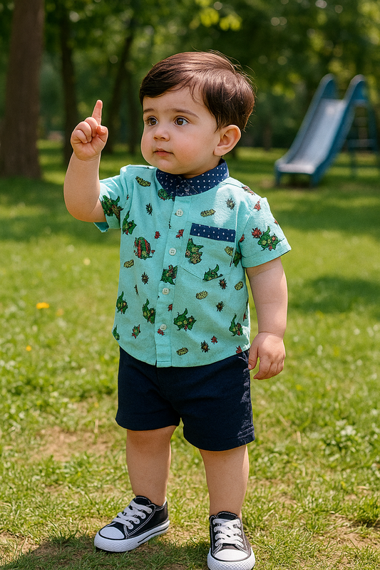 Funky Cotton Shirt with Shorts Set |Aqua Roar -FS1007