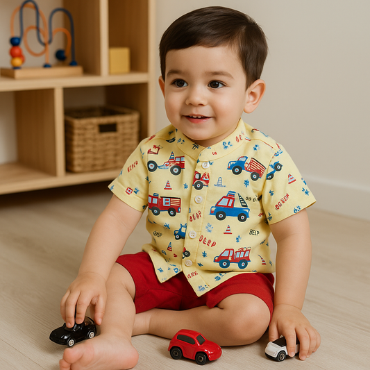 Funky Cotton Shirt with Shorts Set |Fire Truck Yellow -FS1008