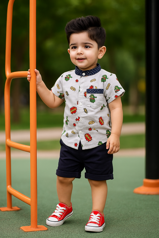 Funky Cotton Shirt with Shorts Set |Grey Roar -FS1004