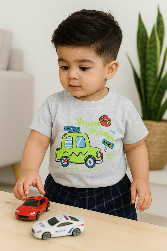 Kids Cotton T-Shirt & Shorts Set |Vroom Go Away -Grey -CS1102
