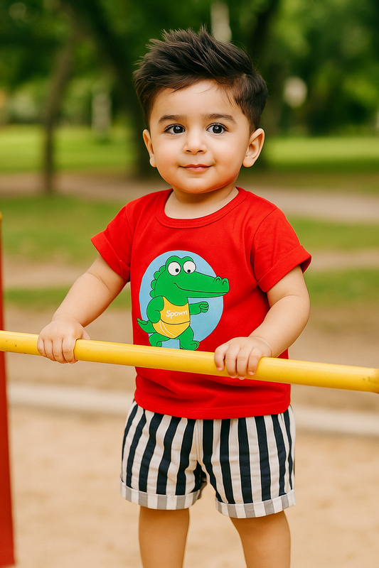 Kids Cotton T-Shirt & Shorts Set |Sports Dino -Red -CS1123