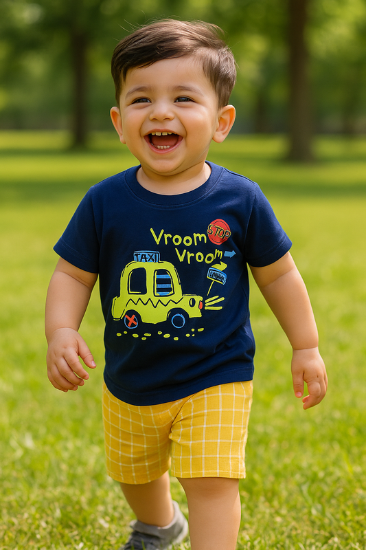 Kids Cotton T-Shirt & Shorts Set |Vroom Go Away -Blue -CS1103