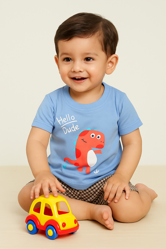 Kids Cotton T-Shirt & Shorts Set |Hello Dude -Blue -CS1110