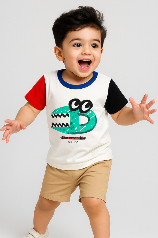 Kids Cotton T-Shirt & Shorts Set |The Crocodile -White -CS1119