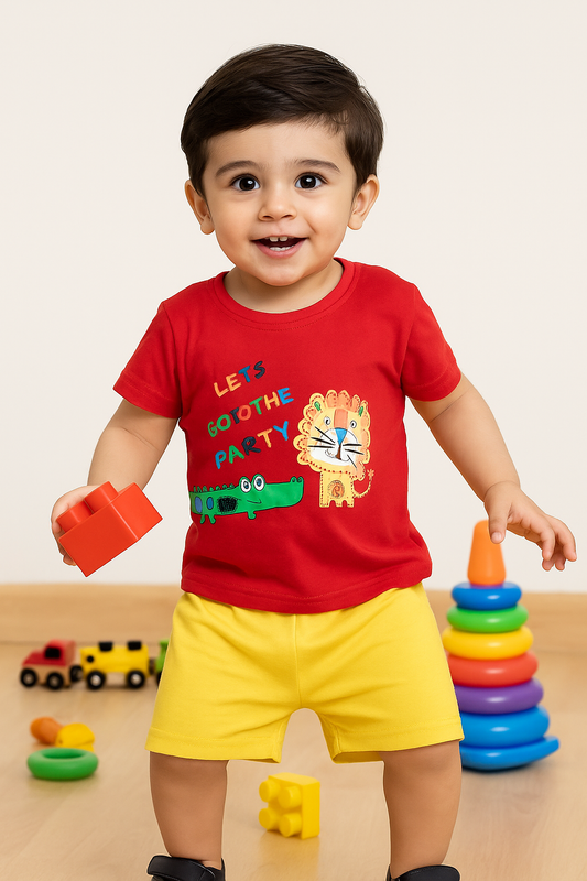 Kids Cotton T-Shirt & Shorts Set |Lets go to the party -Red -CS1106