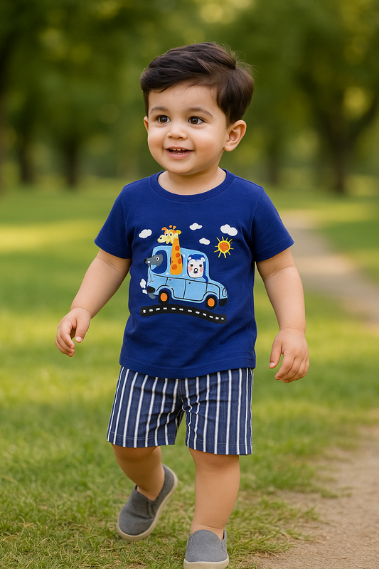 Kids Cotton T-Shirt & Shorts Set |Jungle Car -Blue -CS1112