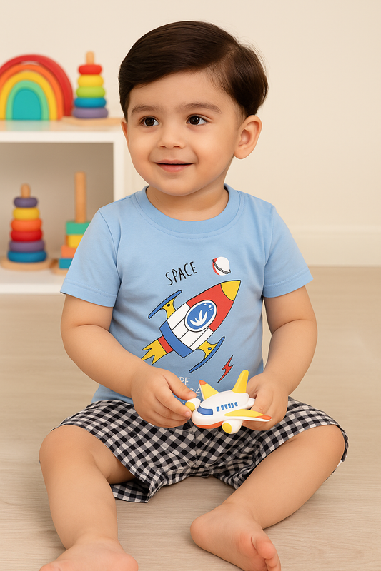 Kids Cotton T-Shirt & Shorts Set |Space -Blue -CS1122