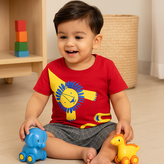 Kids Cotton T-Shirt & Shorts Set |Playful Lion -Red -CS1111