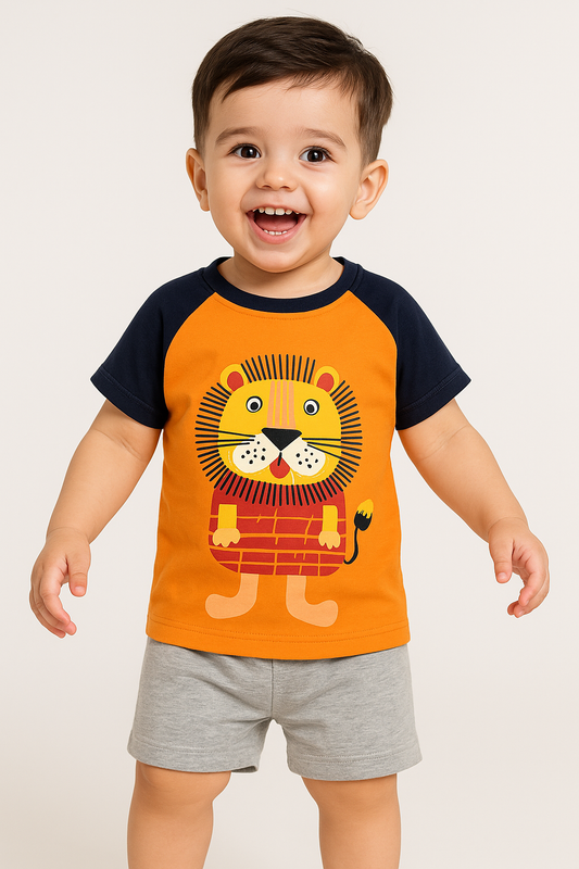 Kids Cotton T-Shirt & Shorts Set |Lion Cat -Orange -CS1108