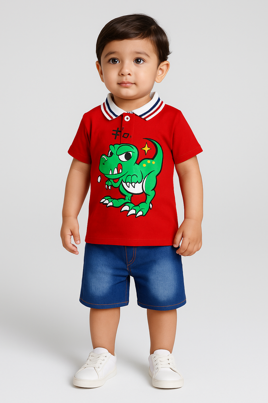 Polo Shirt & Shorts Set |Red Naughty Dino -PD105