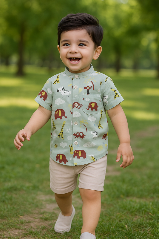Funky Cotton Shirt with Shorts Set |Palm Animal Aqua -FS1018