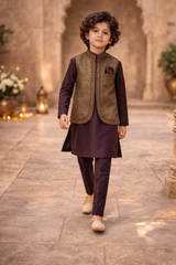 Boys Premium 3 Piece Waistcoat Suit – Kurta pajama Set - Art D177 Plum