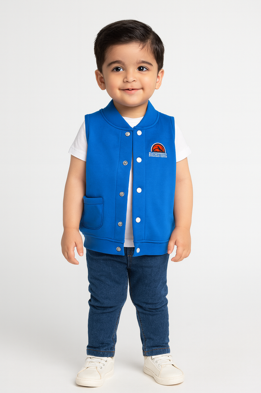 Sleeveless Baseball Fleece Jacket-Blue - Maa Sadqay