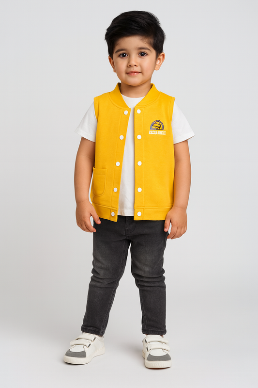 Sleeveless Baseball Fleece Jacket-Yellow - Maa Sadqay