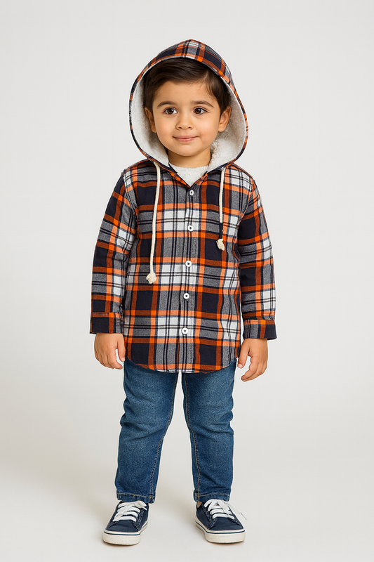 Checkered Orange Flalen Hoodied Shirt - Maa Sadqay