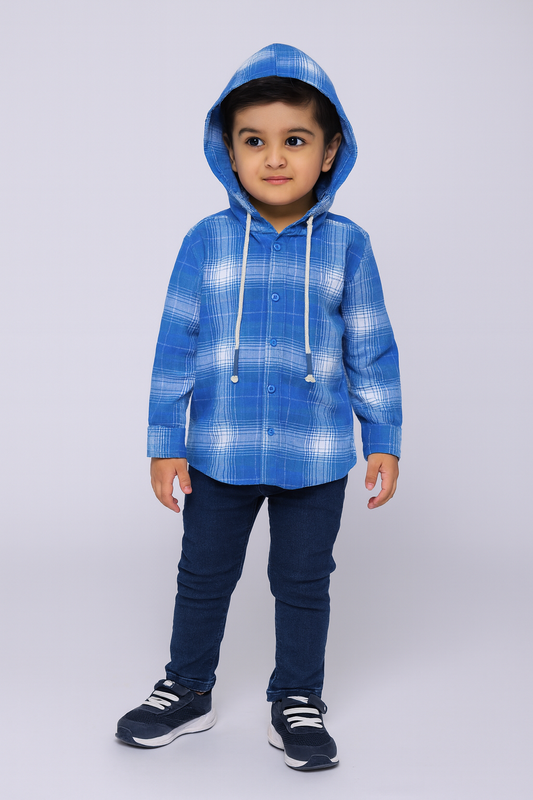 Checkered Blue Flalen Hoodied Shirt - Maa Sadqay
