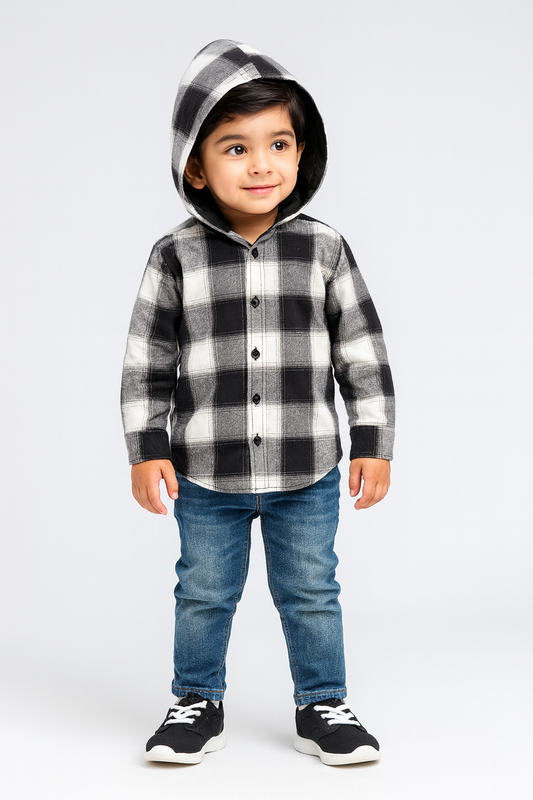 Checkered Grey Flalen Hoodied Shirt - Maa Sadqay