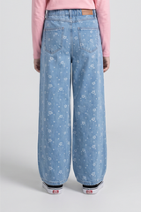 Girls Daisy Light Wash Floral Print Wide-Leg Jeans. DJ10