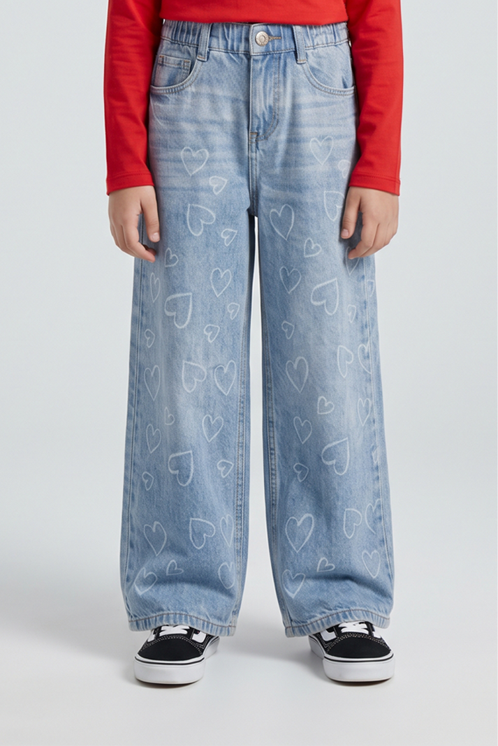 Girls Light Blue Printed Heart Wide-Leg Denim Jeans. DJ15