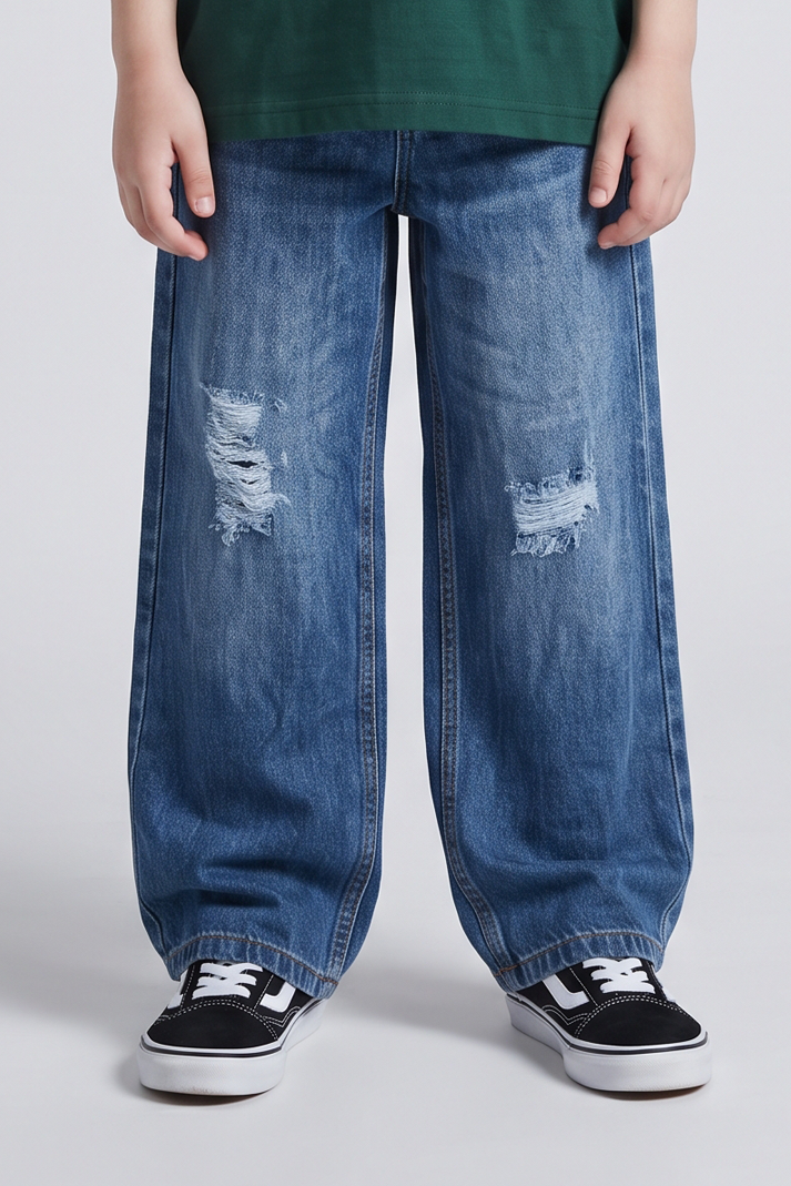 Unisex Blue Ripped Wide-Leg Denim Jeans - DJ6