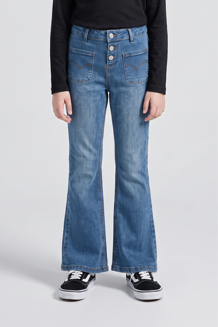 Girls Blue Denim Flared Jeans – High-Waist Button Front. DJ8