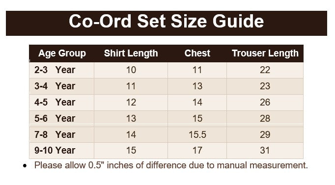 Girls Summer Chic Co ord Set - GCSR530 Size Guide