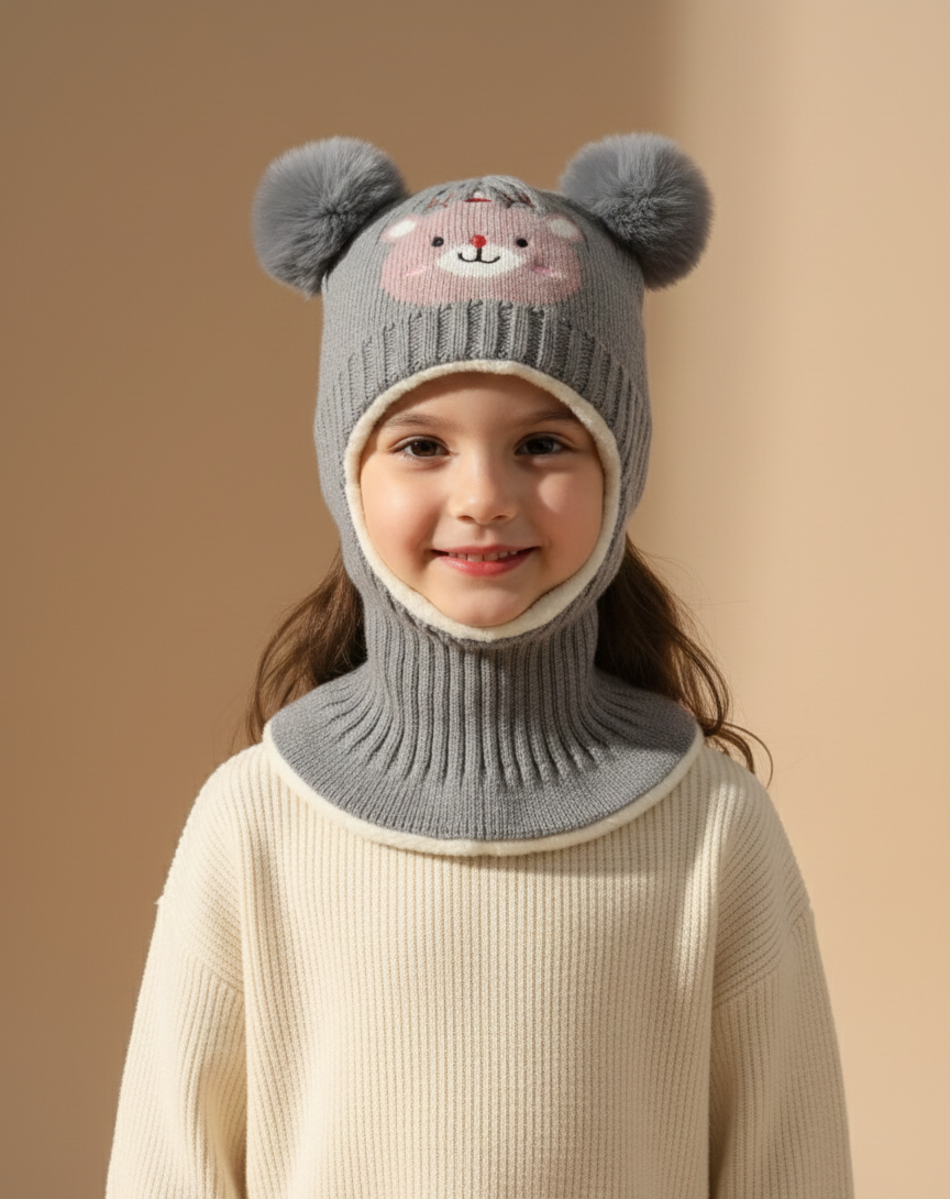 Unisex Woolen long One Piece Beanie Cap Ear & Neck Protection 2-6y - Bc123